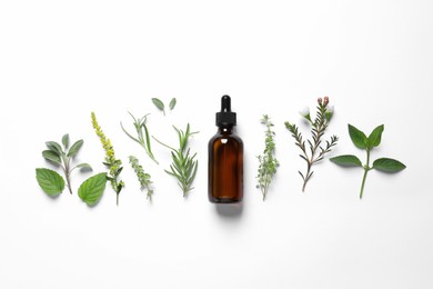 Photo of Bottle of essential oil and different herbs on white background, flat lay