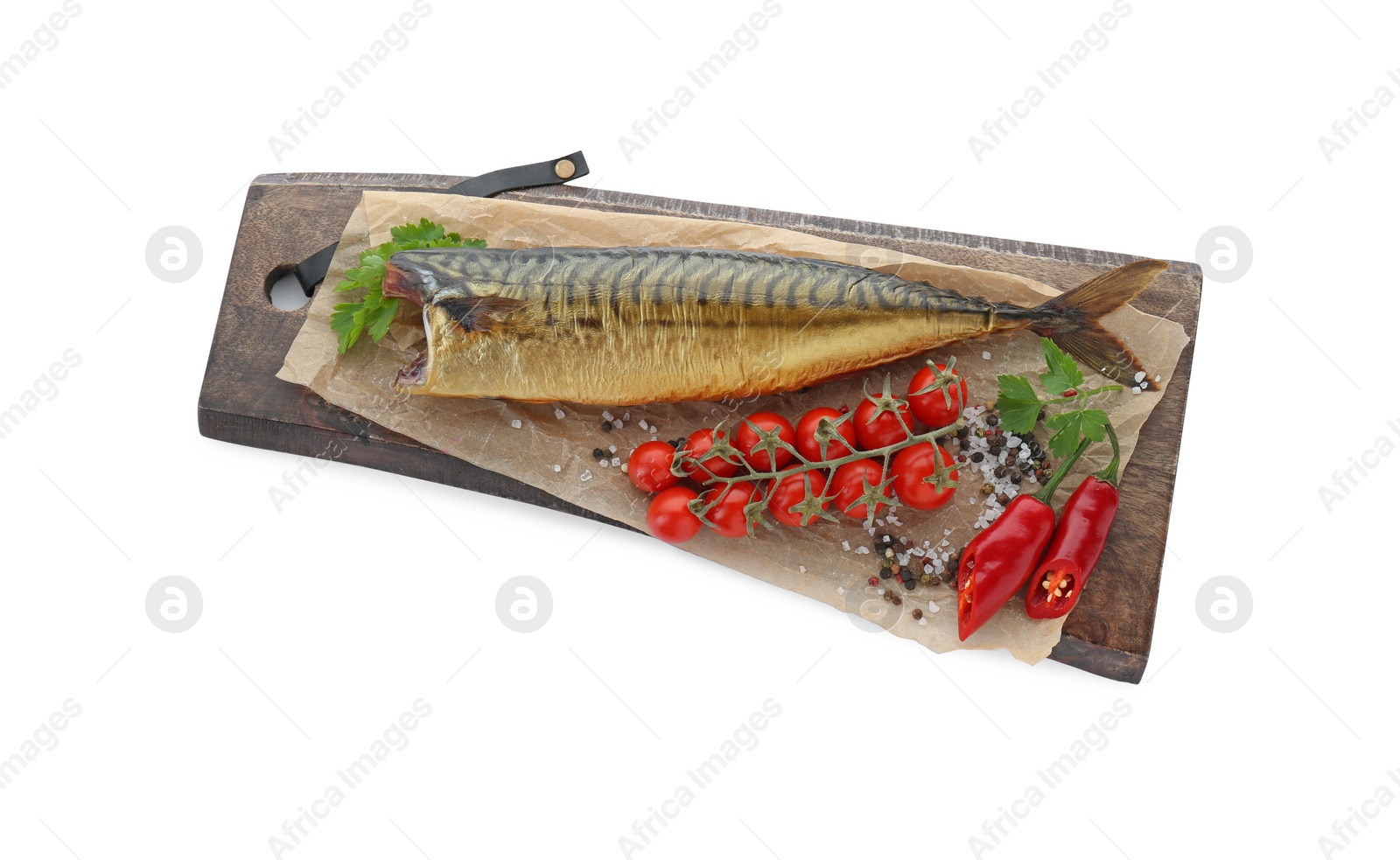 Photo of Delicious smoked mackerel with pepper, parsley and spices on white background, top view