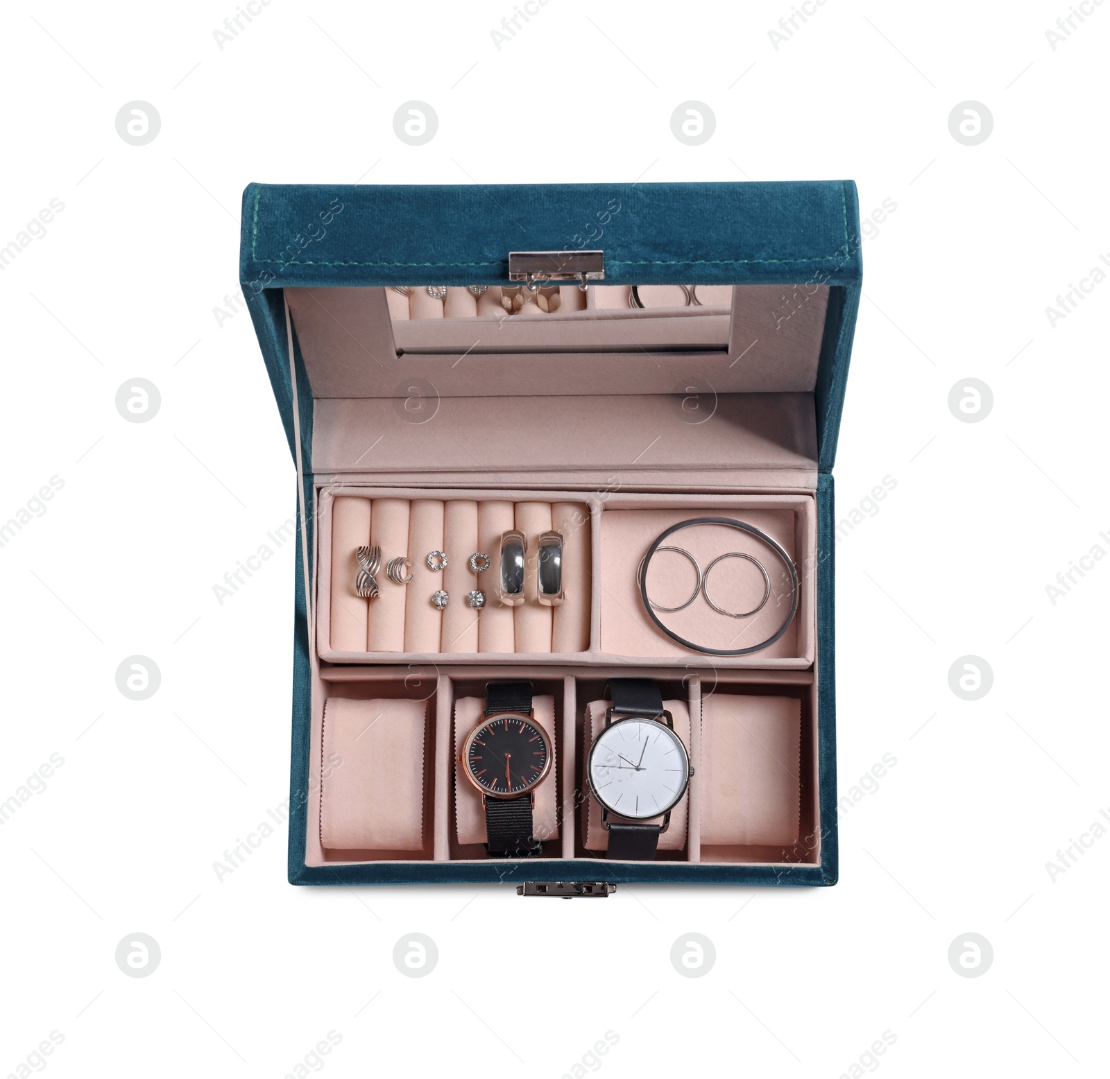 Photo of Jewelry box with mirror, many different silver accessories and wristwatches isolated on white, top view