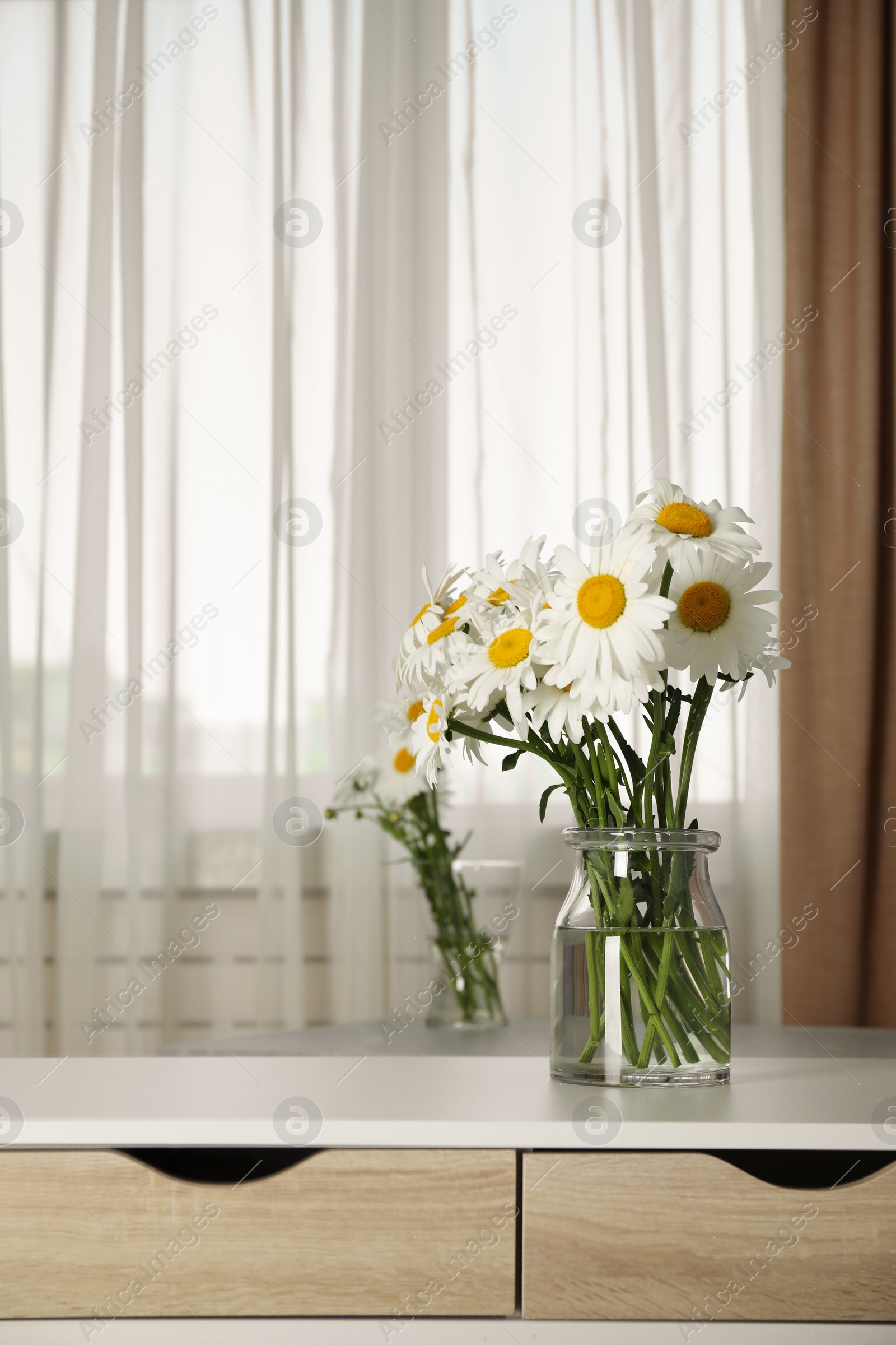 Photo of Vase with beautiful chamomile flowers on cabinet in room. Space for text