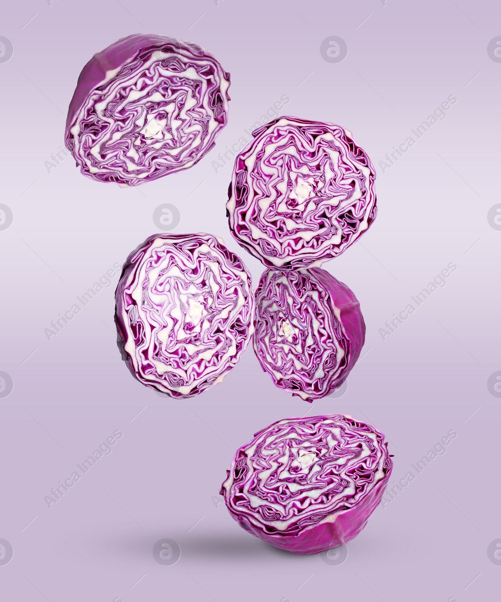 Image of Cut fresh red cabbages falling on lilac background