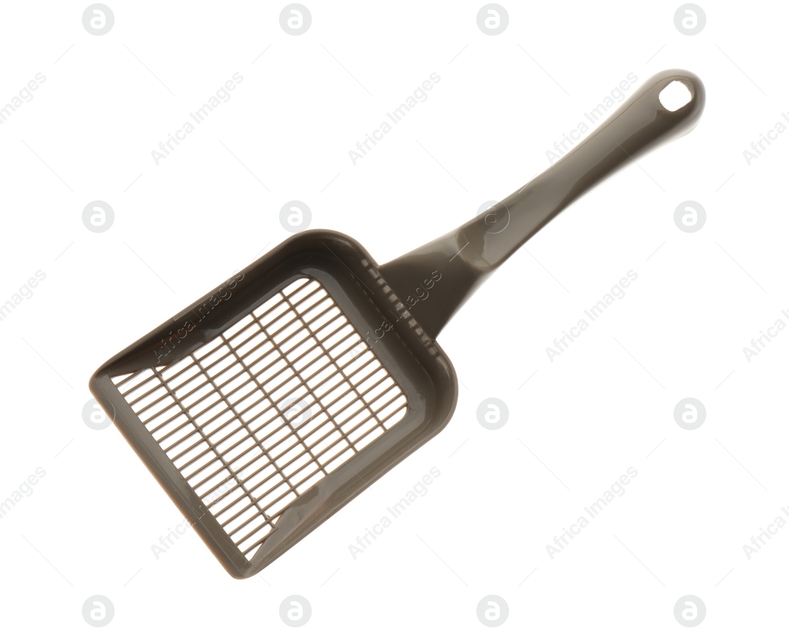 Photo of Grey plastic scoop for cat litter isolated on white, top view