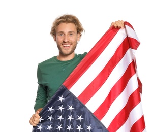 Photo of Young man with American flag on white background