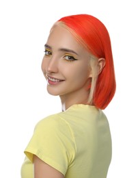 Beautiful young woman with bright dyed hair on white background