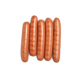 Photo of Tasty grilled sausages on white background, top view. Ingredients for hot dogs