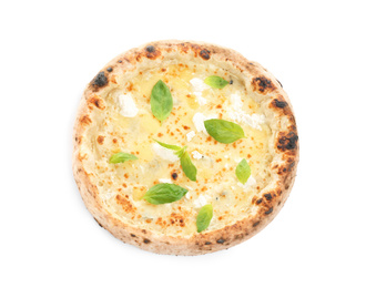 Photo of Delicious cheese pizza with basil isolated on white, top view