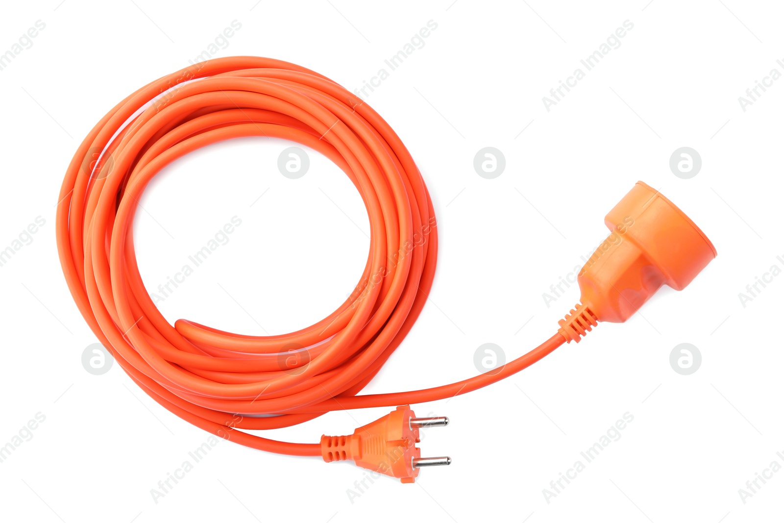 Photo of Extension cord on white background, top view. Electrician's equipment