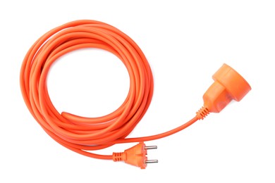 Extension cord on white background, top view. Electrician's equipment