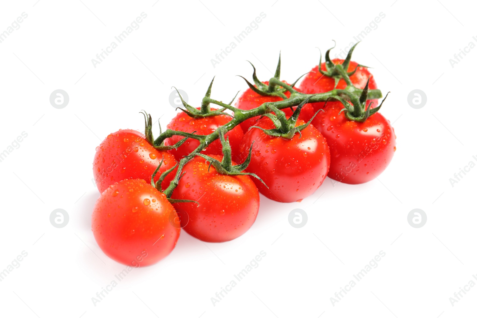 Photo of Branch of fresh cherry tomatoes isolated on white