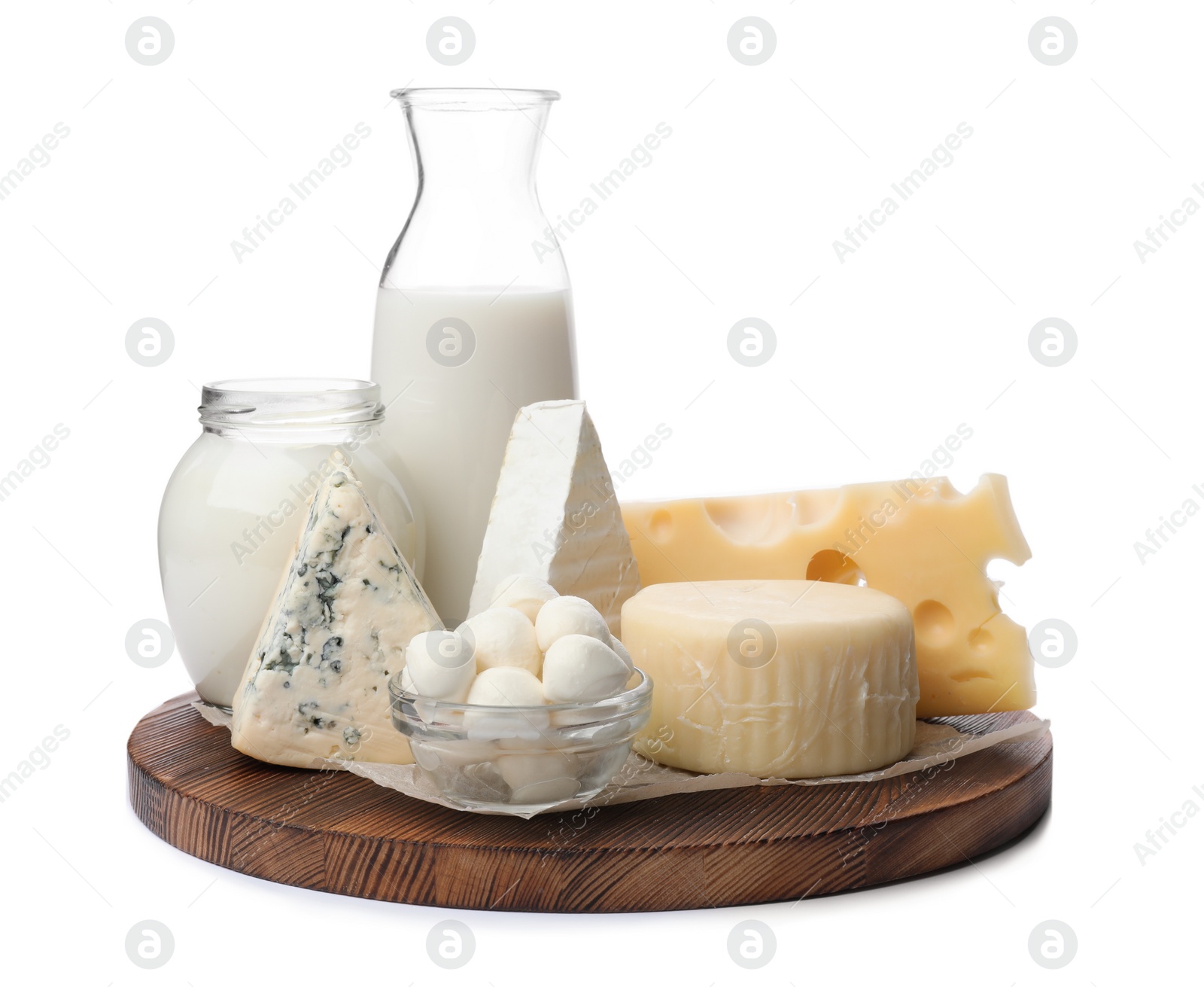 Photo of Different dairy products on white background