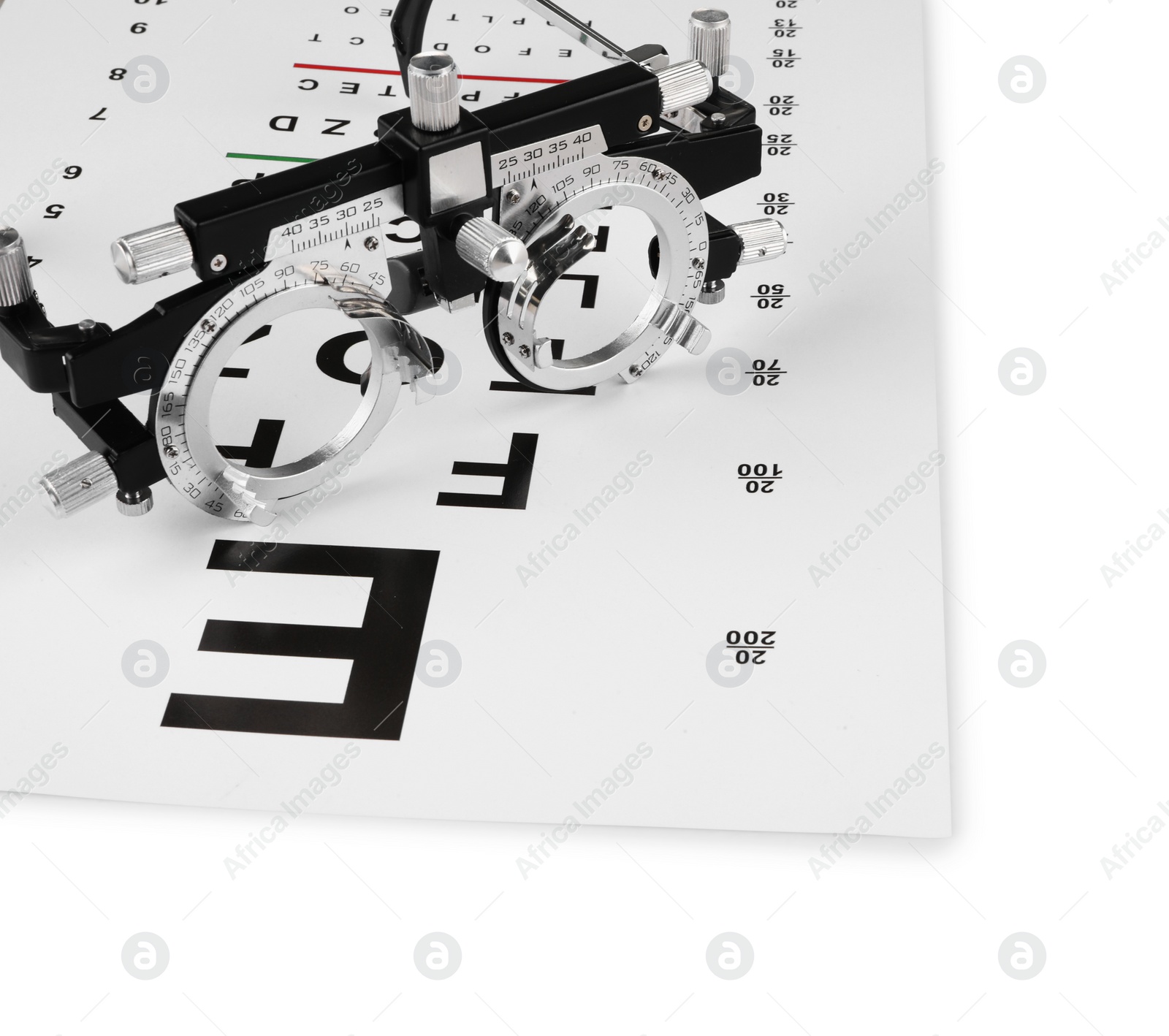 Photo of Trial frame and vision test chart isolated on white
