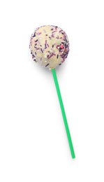 Photo of Sweet cake pop decorated with sprinkles isolated on white, top view. Delicious confectionery
