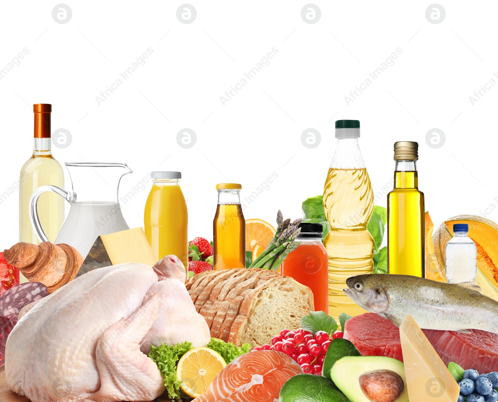 Image of Assortment of fresh organic products on white background. Balanced food