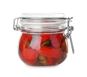 Photo of Jar of pickled red hot chili peppers on white background