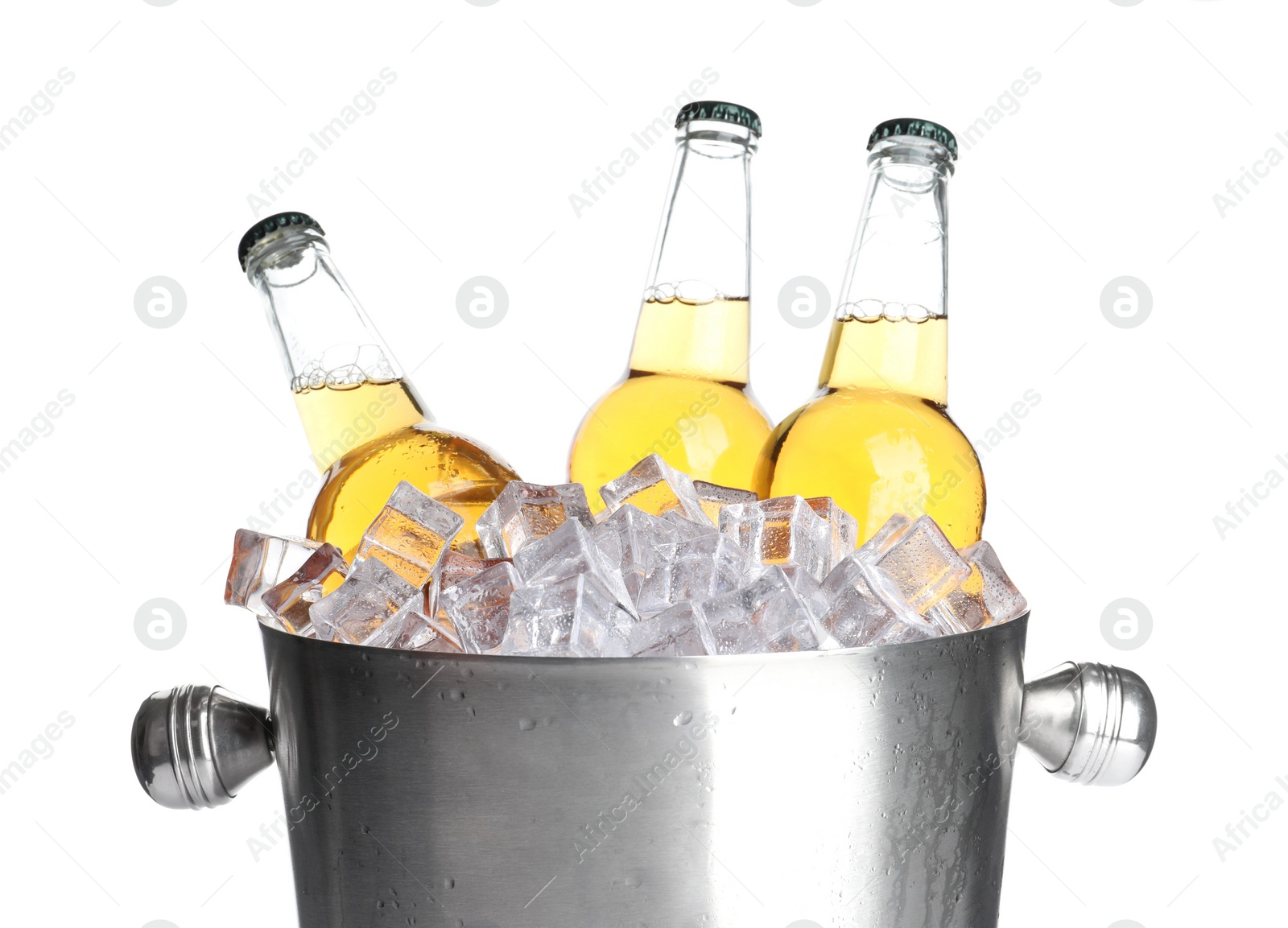 Photo of Metal bucket with bottles of beer and ice cubes isolated on white