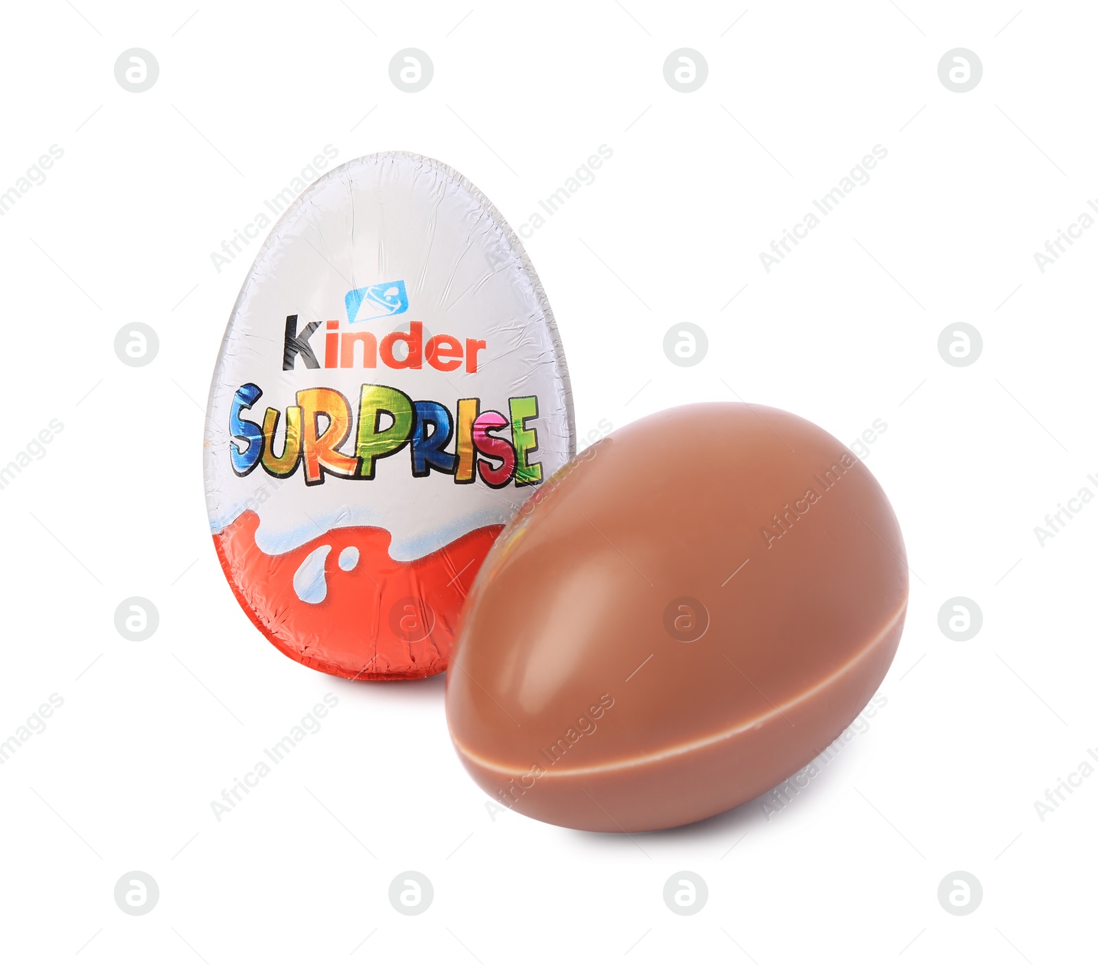 Photo of Slynchev Bryag, Bulgaria - May 23, 2023: Two Kinder Surprise Eggs on white background