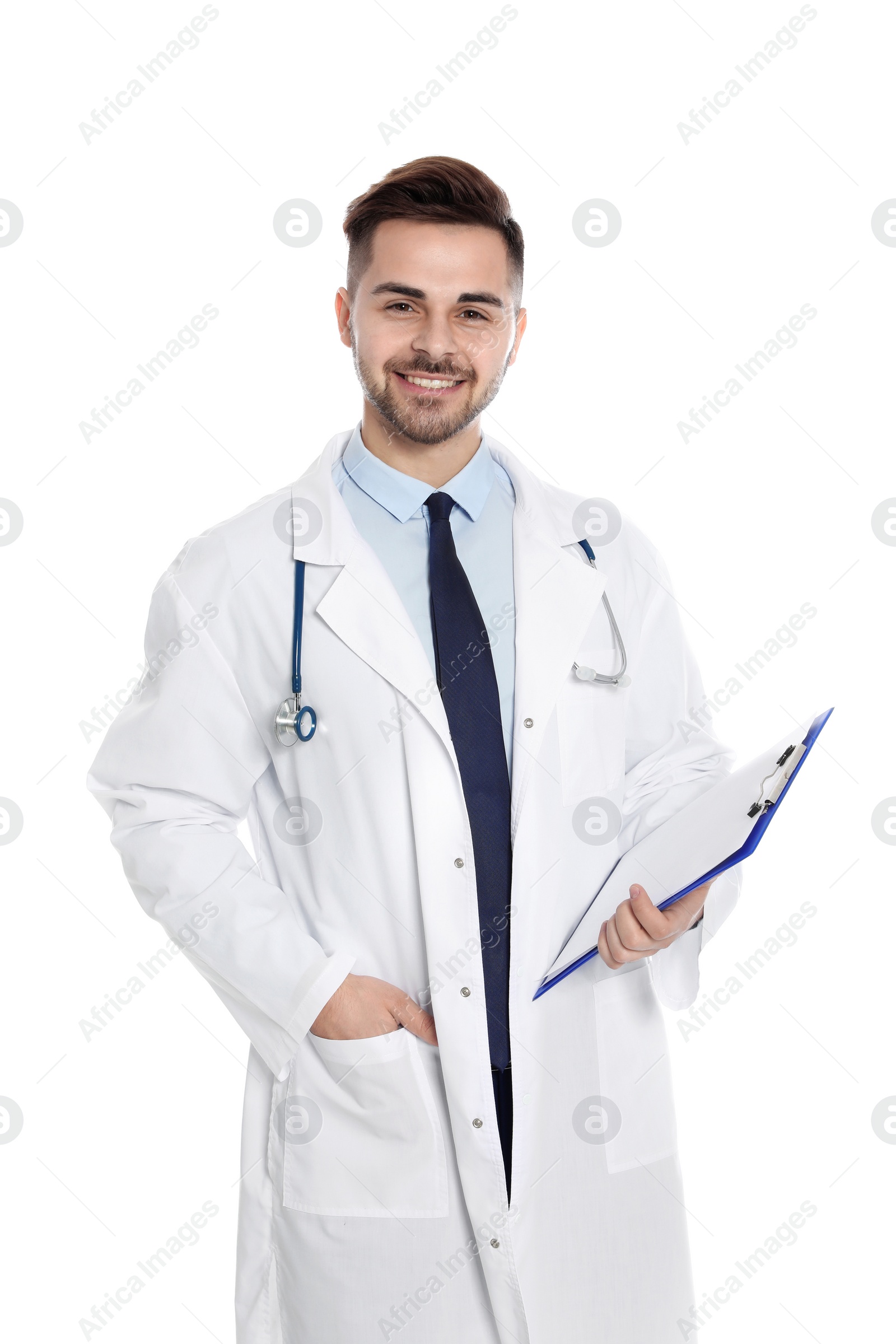 Photo of Portrait of medical doctor with clipboard and stethoscope isolated on white