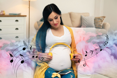 Image of Beautiful pregnant woman holding headphones near tummy at home