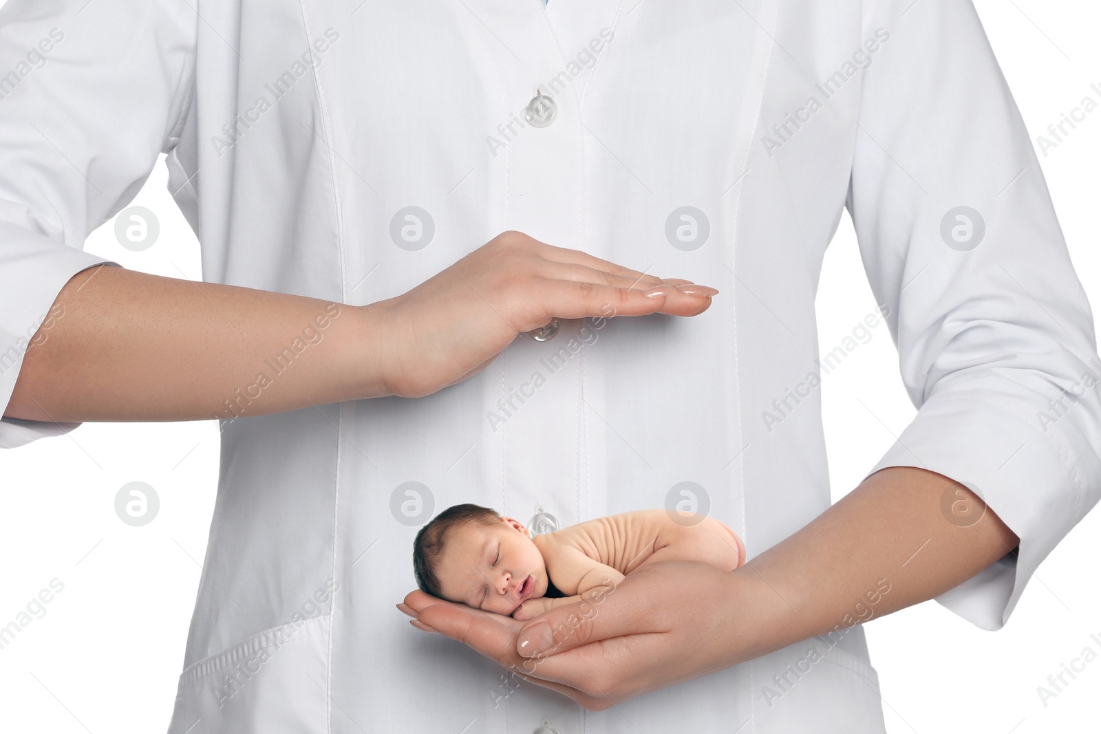 Image of Surrogacy concept. Doctor holding adorable newborn baby on white background, closeup