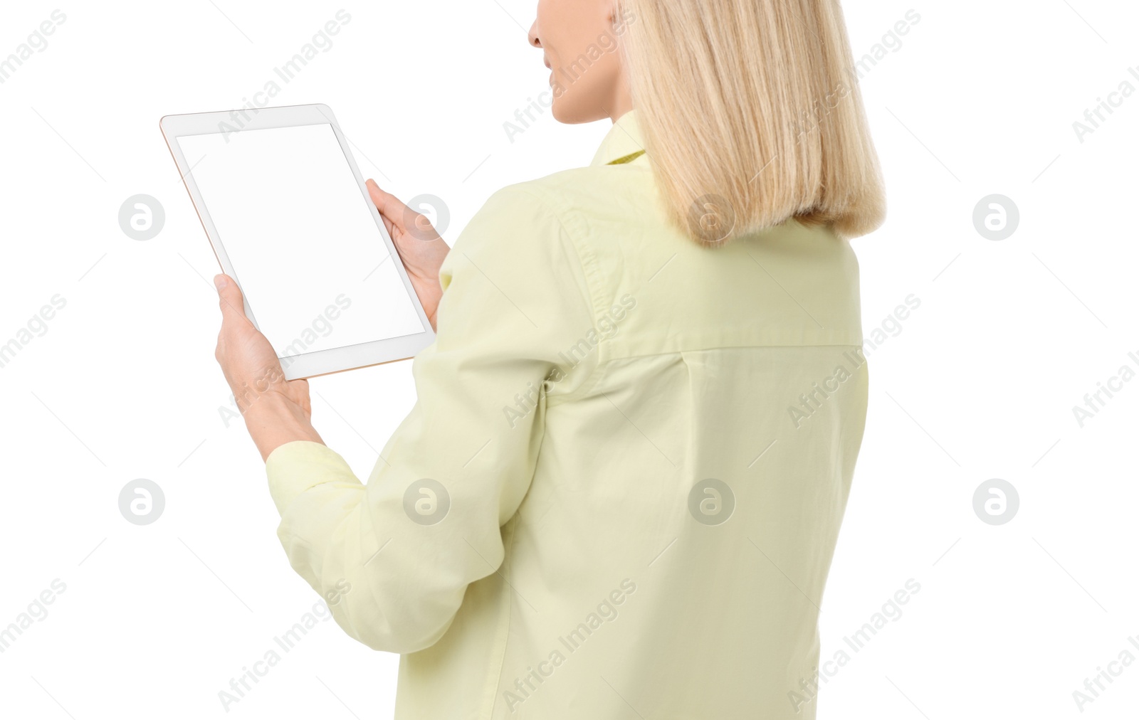 Photo of Woman holding tablet with blank screen on white background, closeup. Mockup for design