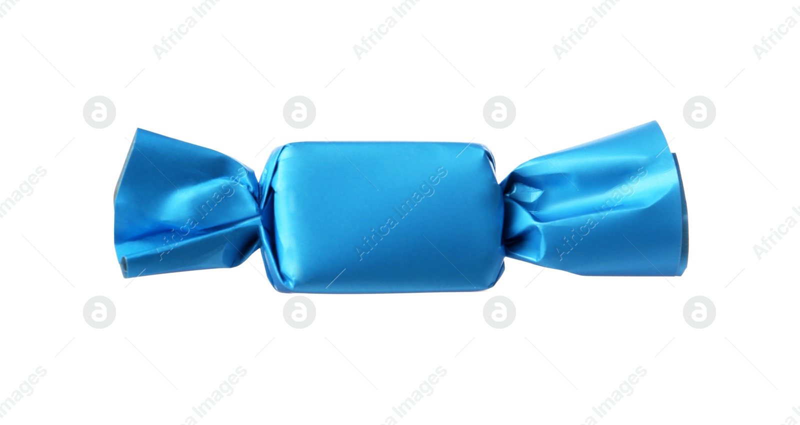 Photo of Delicious candy in light blue wrapper isolated on white