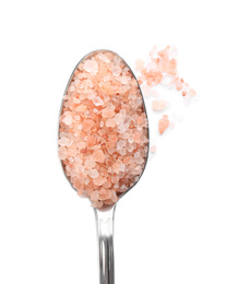 Photo of Metal spoon with pink himalayan salt isolated on white, top view