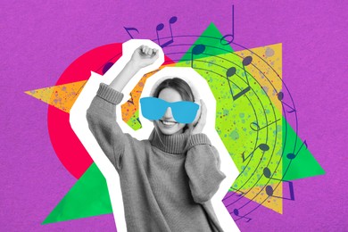 Image of Woman in drawn sunglasses dancing on bright background, creative collage. Stylish art design