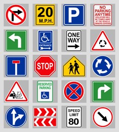 Illustration of Set with different road signs on light grey background