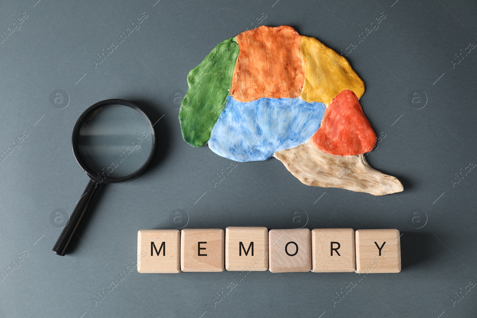 Photo of Word Amnesia made of wooden cubes, magnifying glass and brain with sections on grey background, flat lay