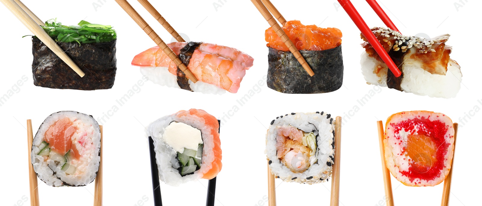 Image of Different sushi isolated on white. Chopsticks with asian food, set