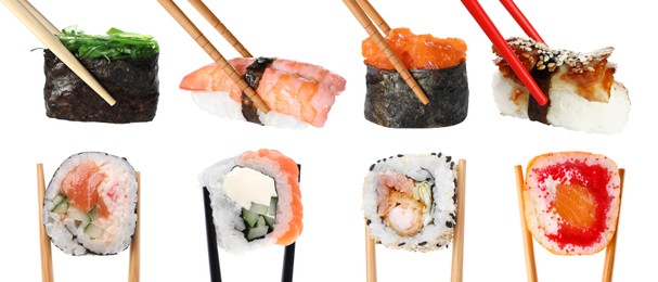 Image of Different sushi isolated on white. Chopsticks with asian food, set