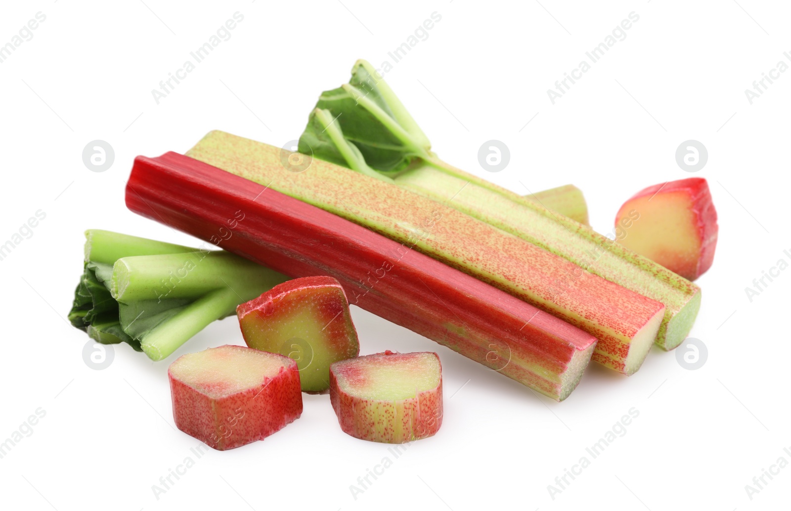 Photo of Cut fresh ripe rhubarb isolated on white