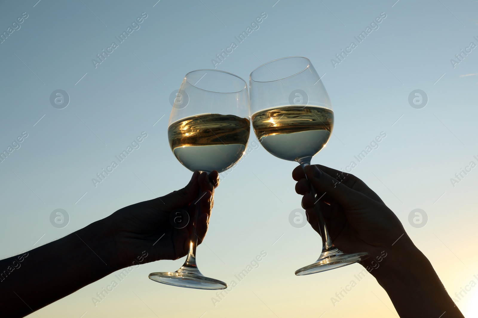 Photo of Women clinking glasses of wine against sky at sunset, closeup