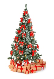 Photo of Beautiful Christmas tree with gifts on white background. Celebration time