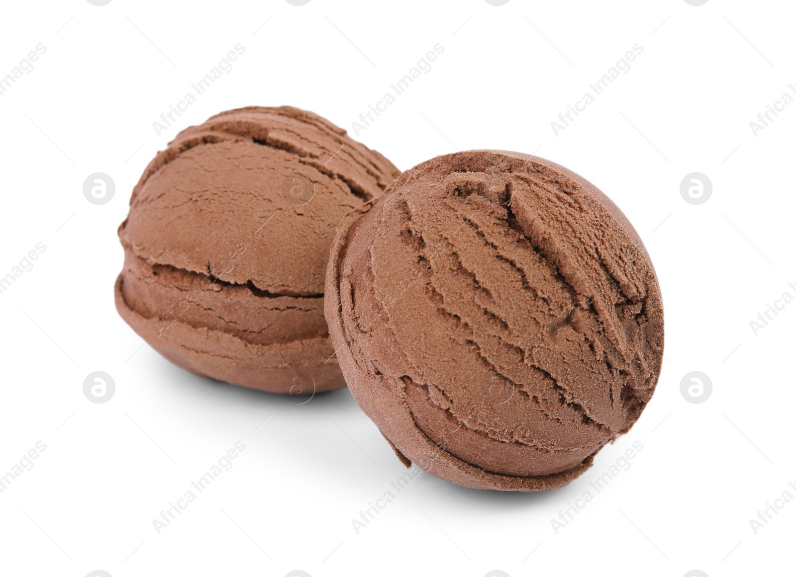Photo of Scoops of chocolate ice cream isolated on white