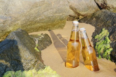 Photo of Bottles of cold beer near rocks on sandy beach, space for text