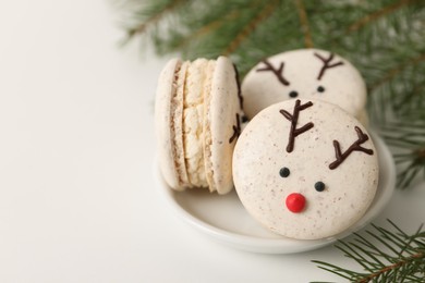 Photo of Tasty reindeer Christmas macarons and fir branches on white background, closeup. Space for text