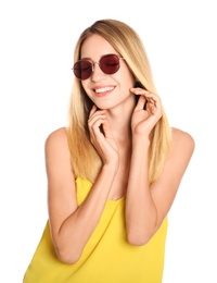 Photo of Beautiful woman in stylish sunglasses on white background