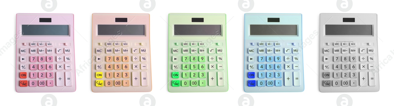 Image of Set with multicolored calculators on white background, top view. Banner design