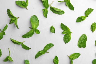 Fresh mint leaves on grey background, flat lay