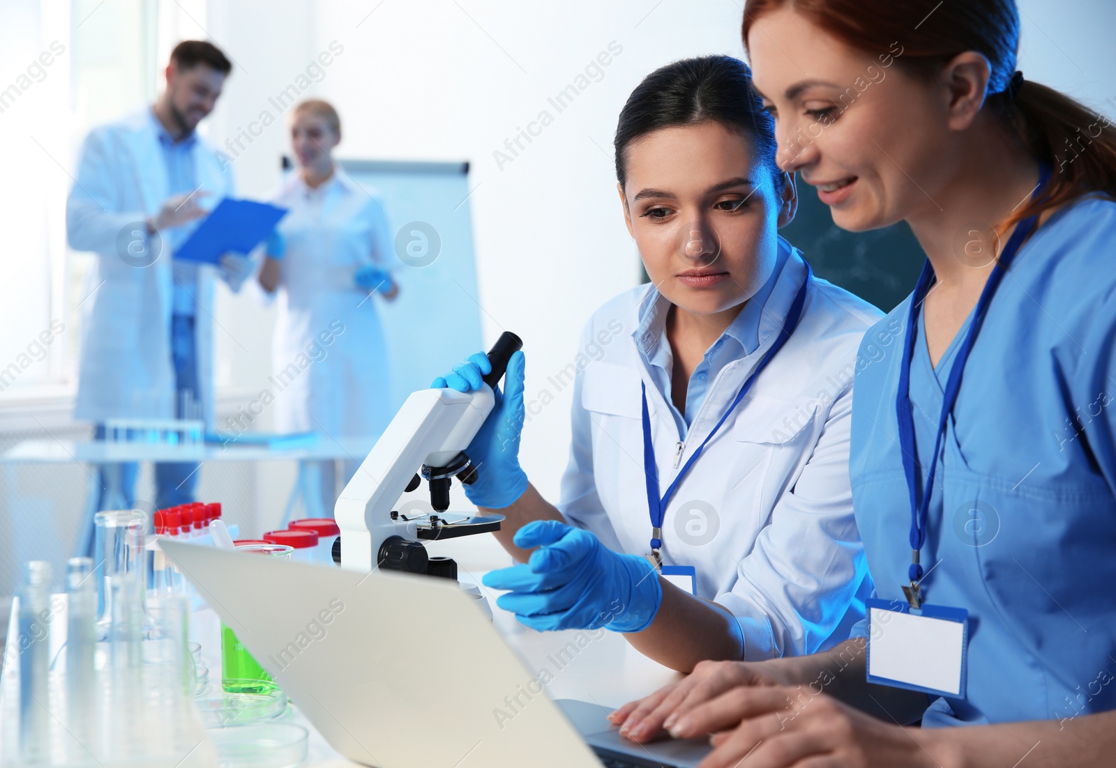 Photo of Group of scientists working in modern chemistry laboratory