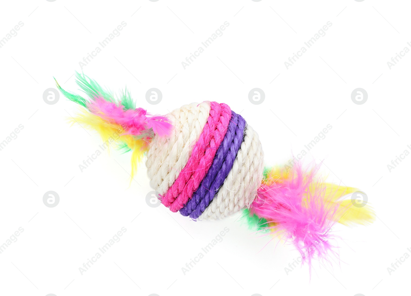 Photo of Straw toy with feathers for cat on white background. Pet accessory