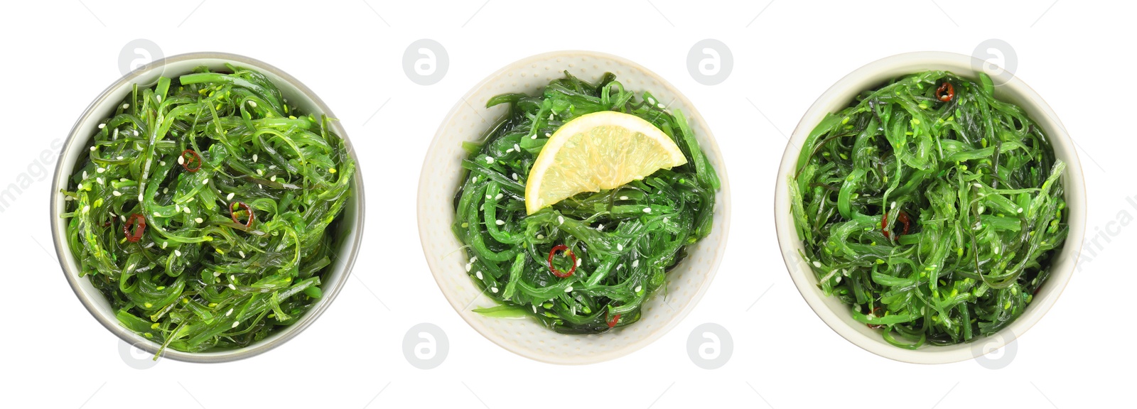 Image of Japanese seaweed salad in bowls on white background, top view. Collage