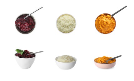 Set with different tasty vegetable puree on white background