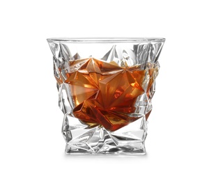 Glass of scotch whiskey on white background