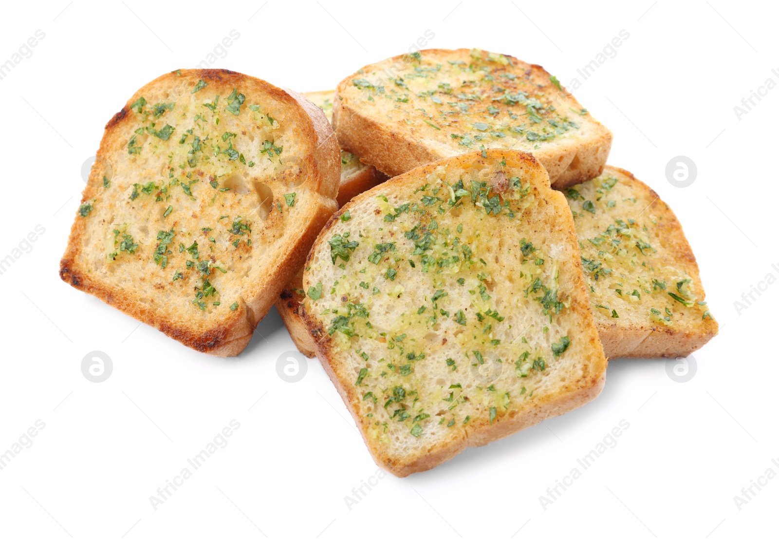 Photo of Slices of toasted bread with garlic and herbs on white background