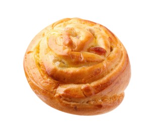 Photo of One delicious roll with raisins isolated on white. Sweet bun