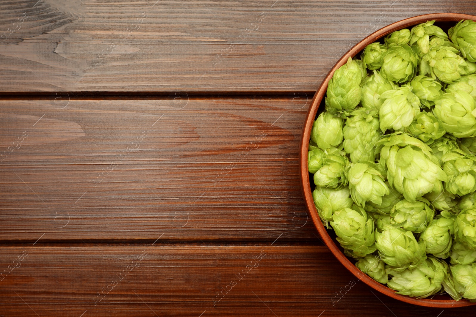 Photo of Bowl with fresh green hops on wooden table, top view. Space for text