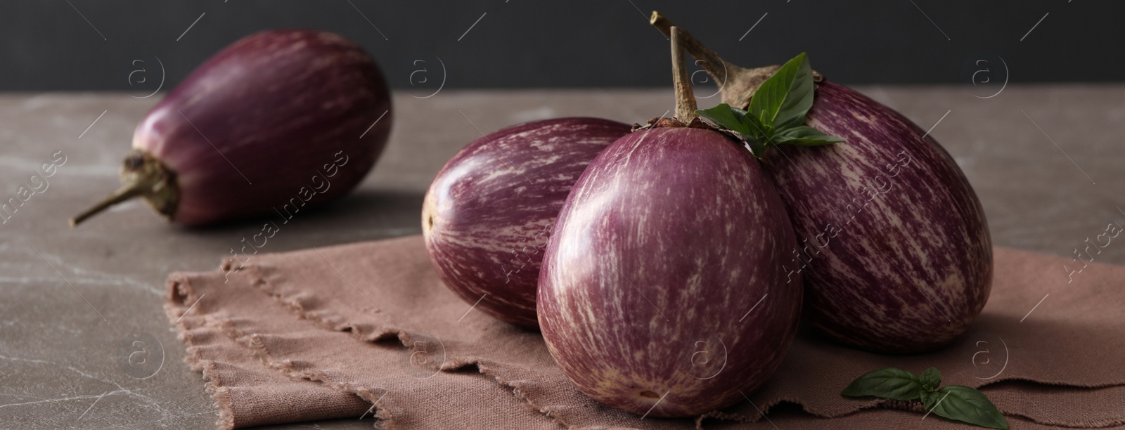 Image of Ripe eggplants and basil on brown marble table, closeup. Banner design