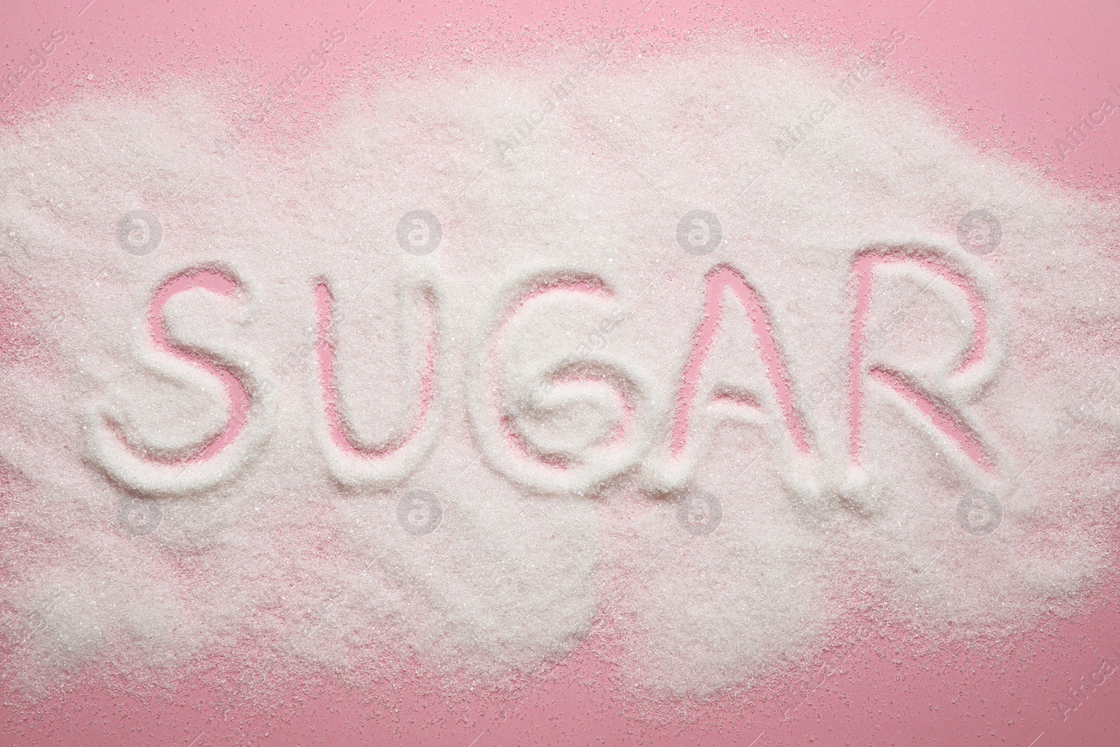 Photo of Composition with word SUGAR on pink background, top view